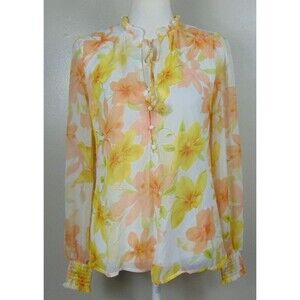 Joie Women’s Floral Long Sleeve V-Neck Blouse Sz S Ruffled Neck Ties Lined